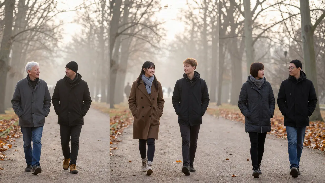 Diverse individuals walking peacefully through Tiergarten at sunrise with escort companions.