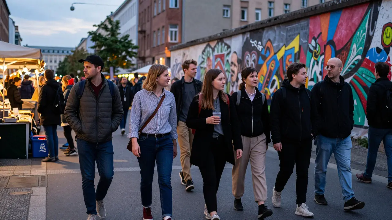 Diverse pairs exploring Kreuzberg at dusk, engaged in respectful, everyday companionship.