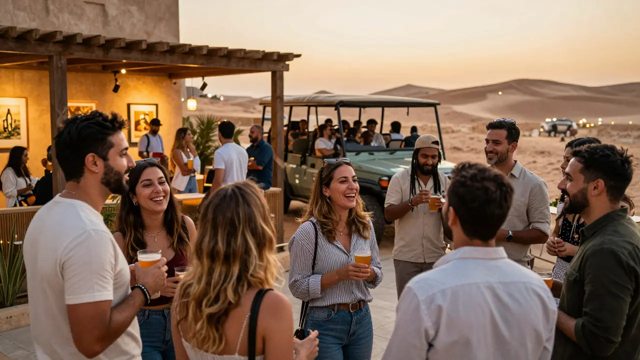 Diverse people enjoying social events in Dubai—art gallery, rooftop lounge, and desert safari under stars.