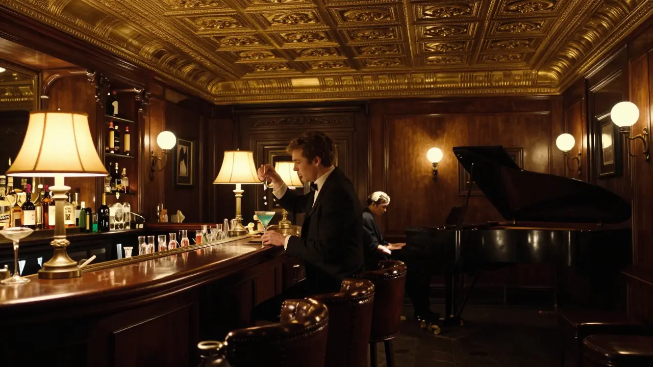 Elegant bar with gold ceiling and pianist playing in The Bar Americain.