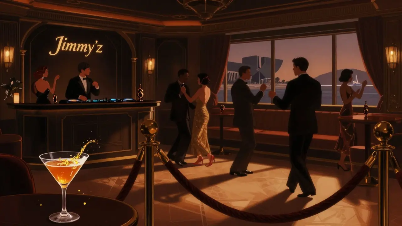 Elegant nightclub interior with velvet ropes, golden cocktails, and moody lighting under a jazz-electronic DJ set.