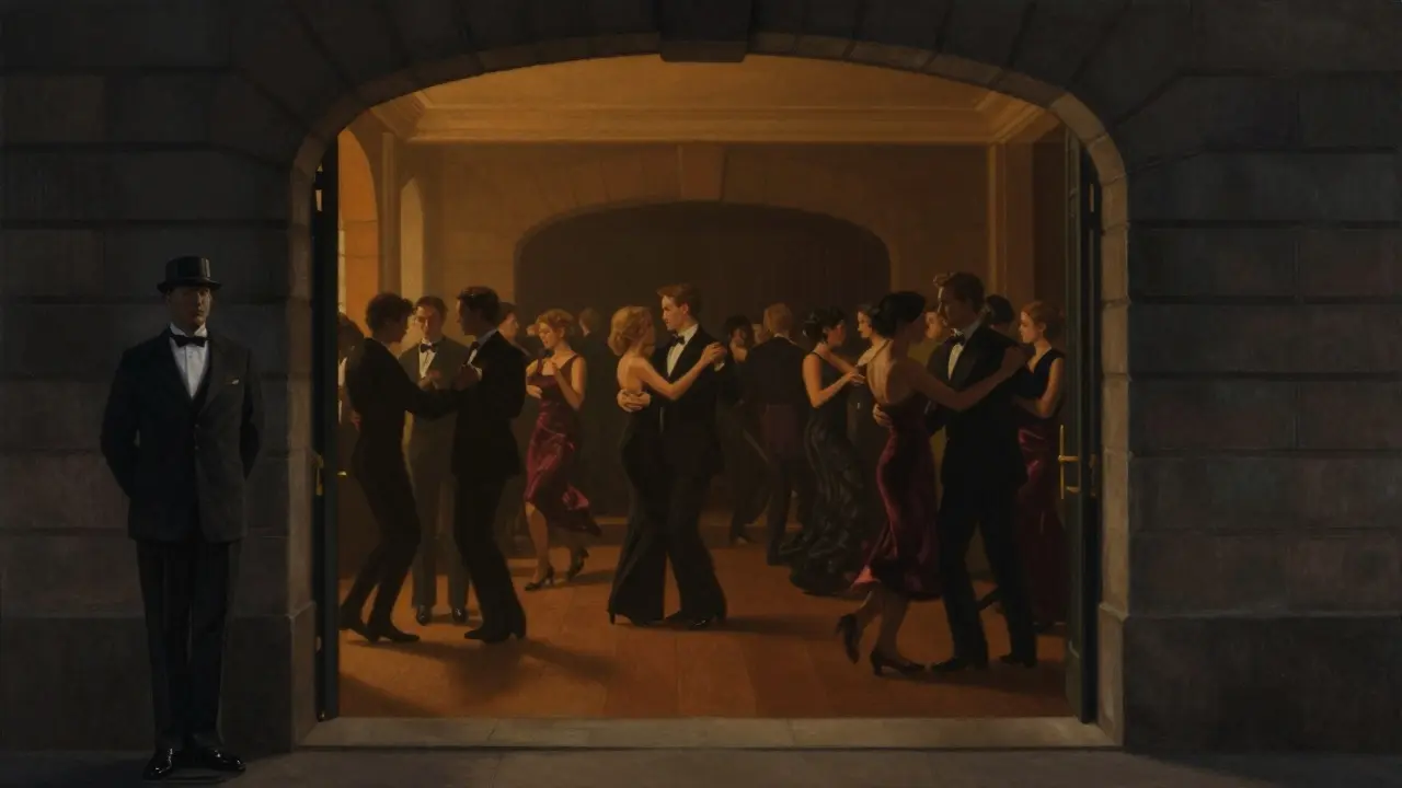 Elegantly dressed guests dancing silently inside Le Jockey Club, dim amber lighting and no logos.