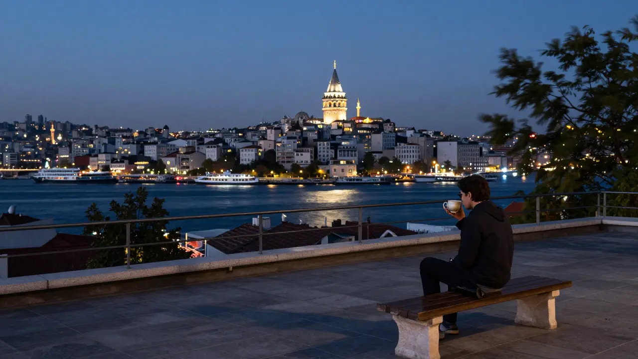 Empty rooftop bench at Galata Tower at night, city lights glowing below under moonlight.