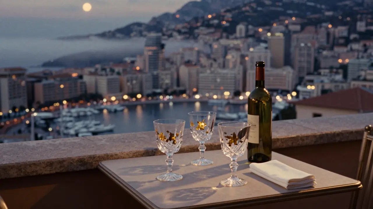 Empty rooftop terrace at dawn overlooking Monaco harbor with gold-leafed wine glasses.