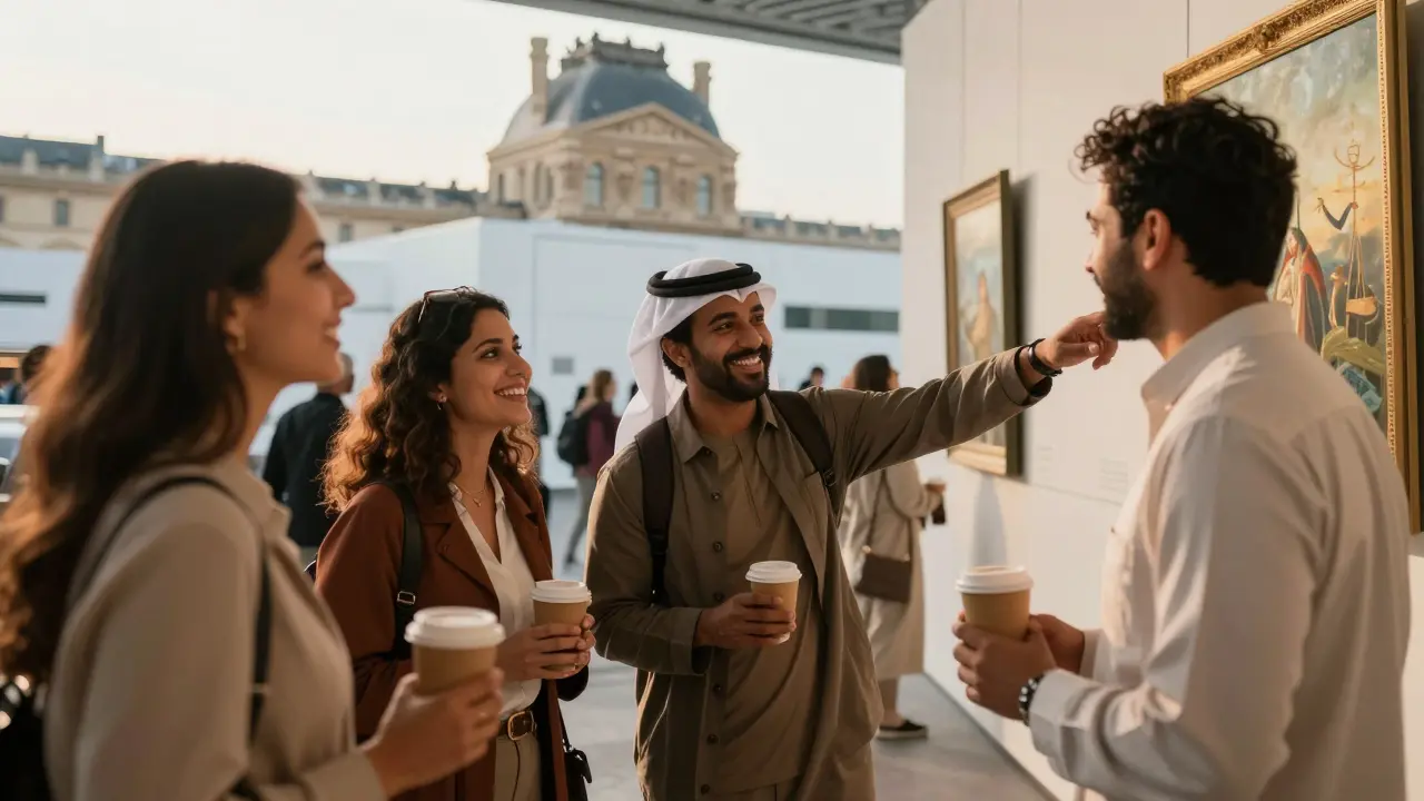Expats laugh together at Louvre Abu Dhabi, enjoying art and culture under golden light.