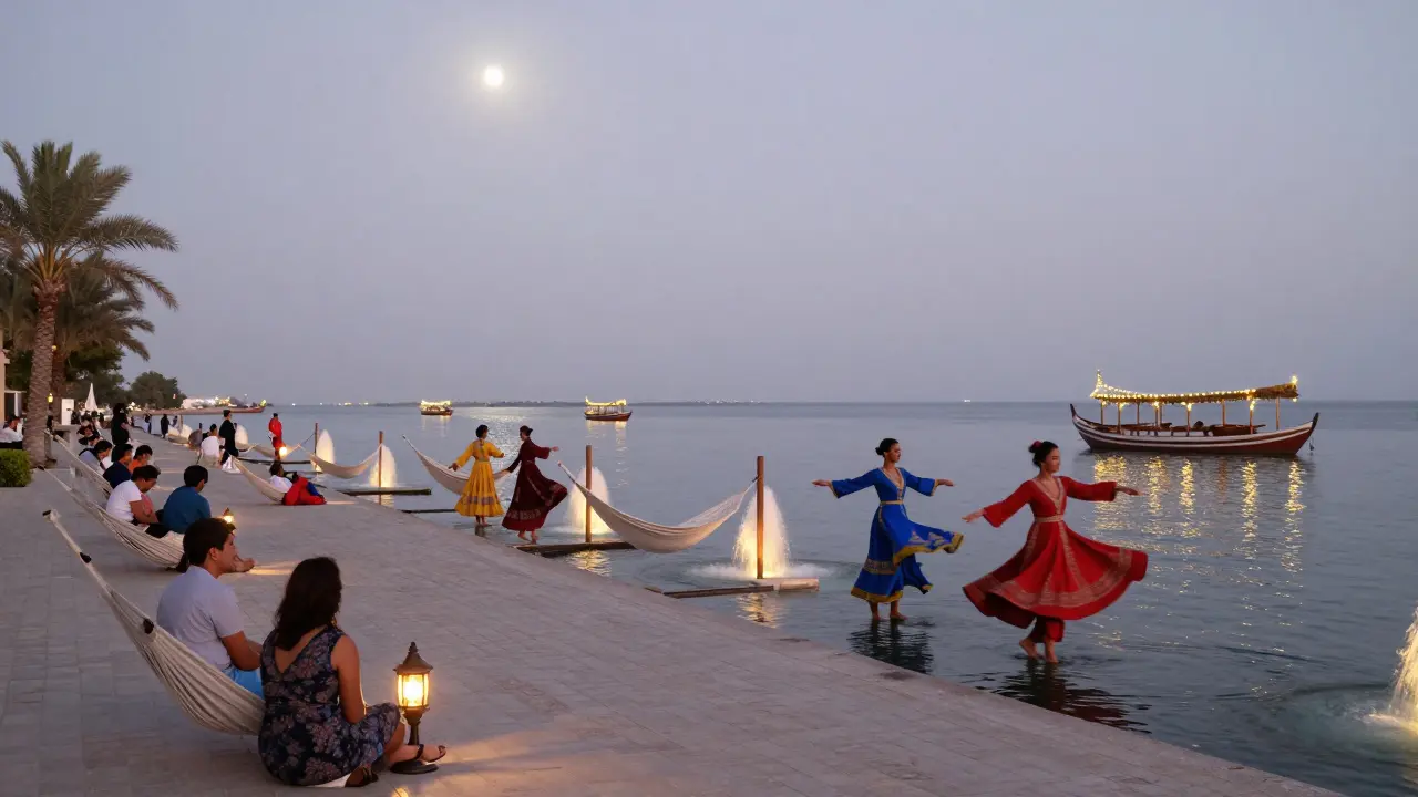 Families relaxing by a lit waterfront with traditional dancers and glowing boats.