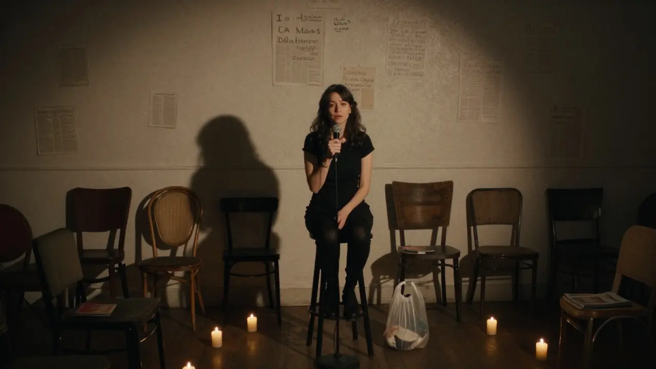 Female comic sitting alone under a single mic in a dim, intimate room with a plastic bag on the floor.
