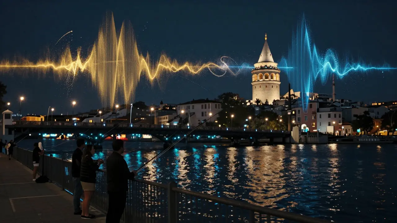 Galata Bridge at dawn, where fishing lines and nightclub lights blend in a surreal twilight.
