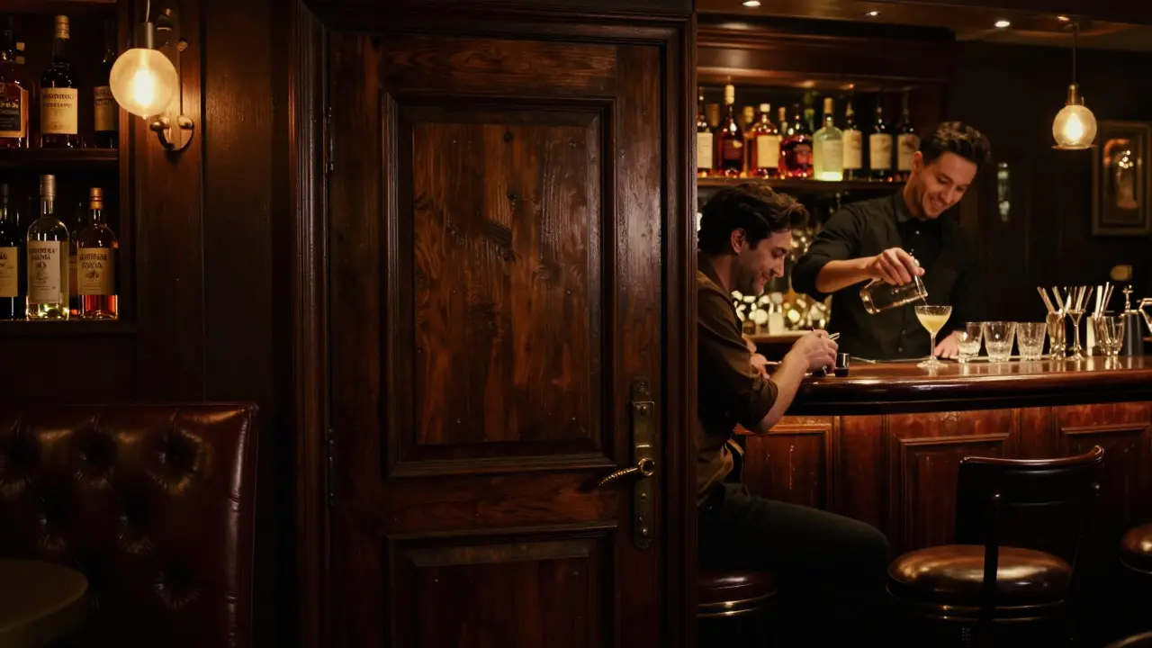 Hidden bar with dim lighting, leather booths, and a bartender preparing a craft cocktail.