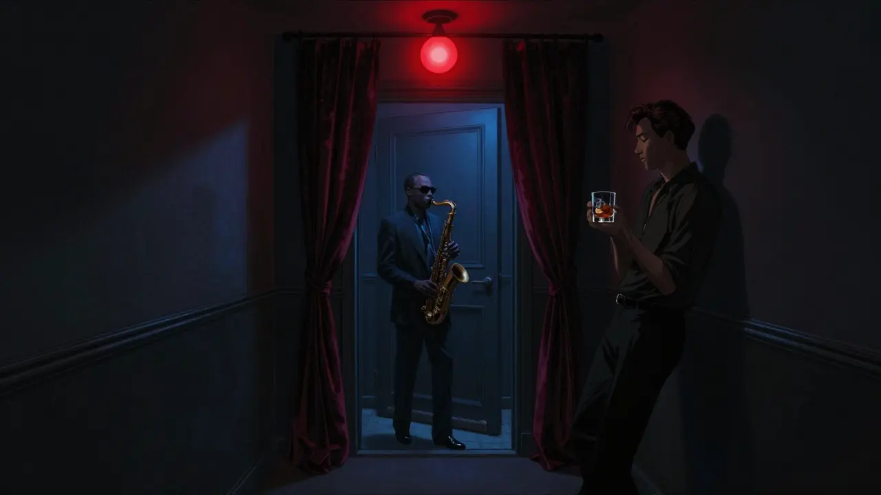 Hidden club entrance with red light and velvet curtain, saxophonist in dim blue glow.