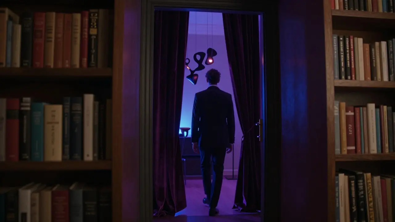 Hidden nightclub entrance behind a bookshelf with glowing LED light spilling through.