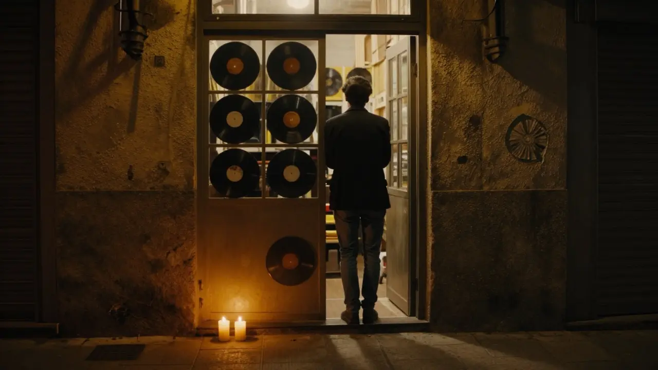 Hidden underground music venue entrance at night, candlelight glowing from a small door beside a falafel shop.