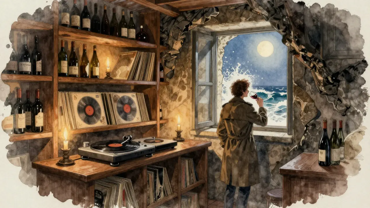 Hidden wine bar under the palace, candlelit with vinyl records and a figure gazing at ocean waves through a window.