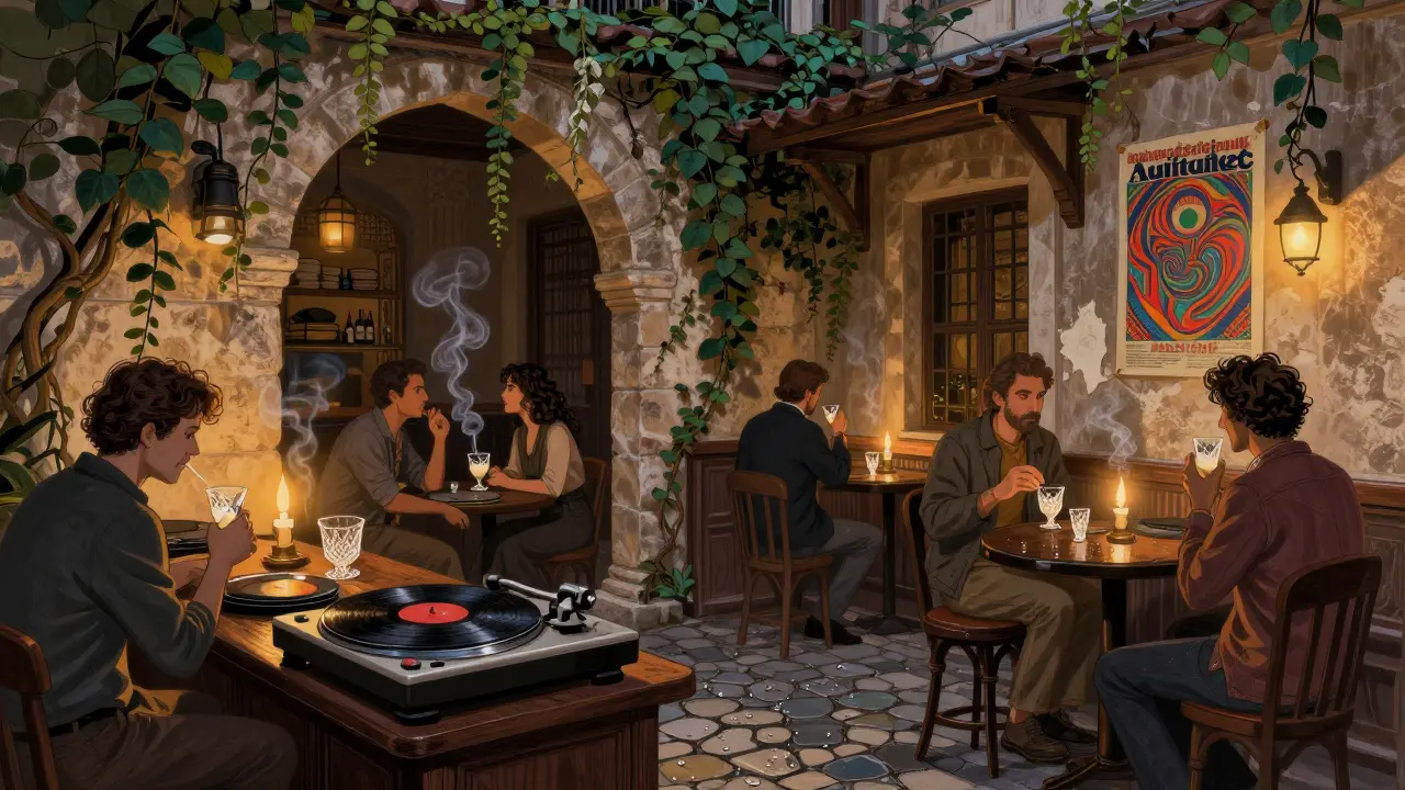 Intimate Ottoman courtyard bar lit by candles, patrons sipping raki as vinyl plays softly.