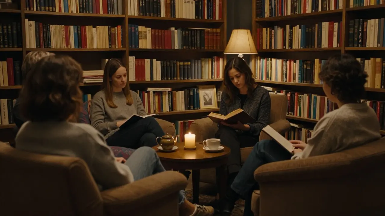 Literary salon in a bookshop back room with someone reading poetry to a small, attentive group.