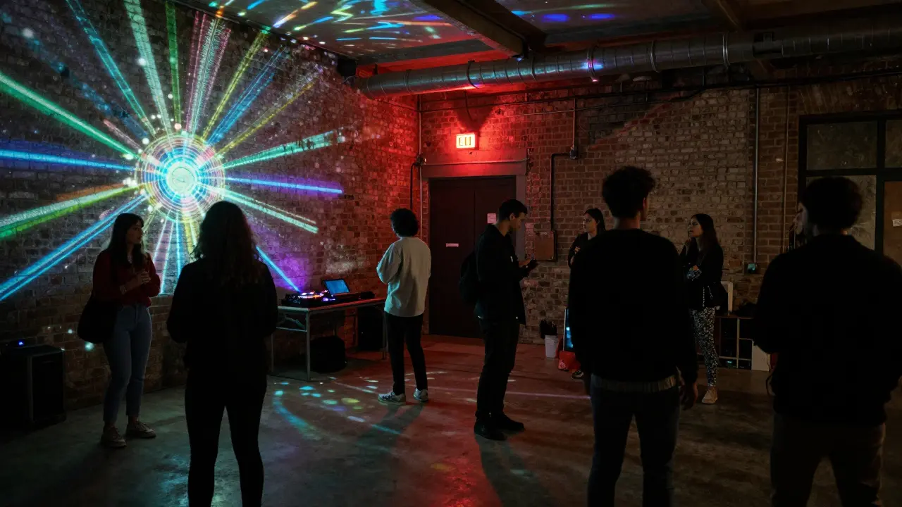 Modern underground venue in Paris at night, crowd dancing to electronic music under neon projections.