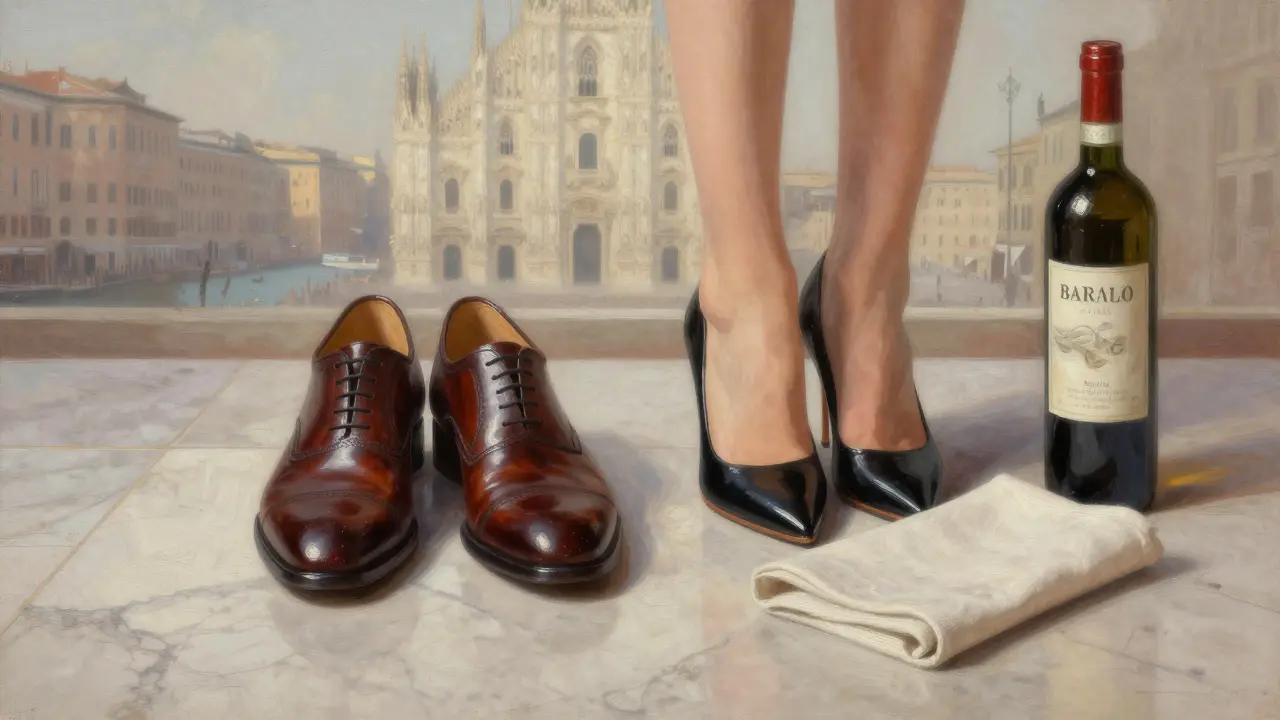 Polished shoes and a bottle of wine rest on marble, symbolizing a discreet and dignified encounter in Milan.