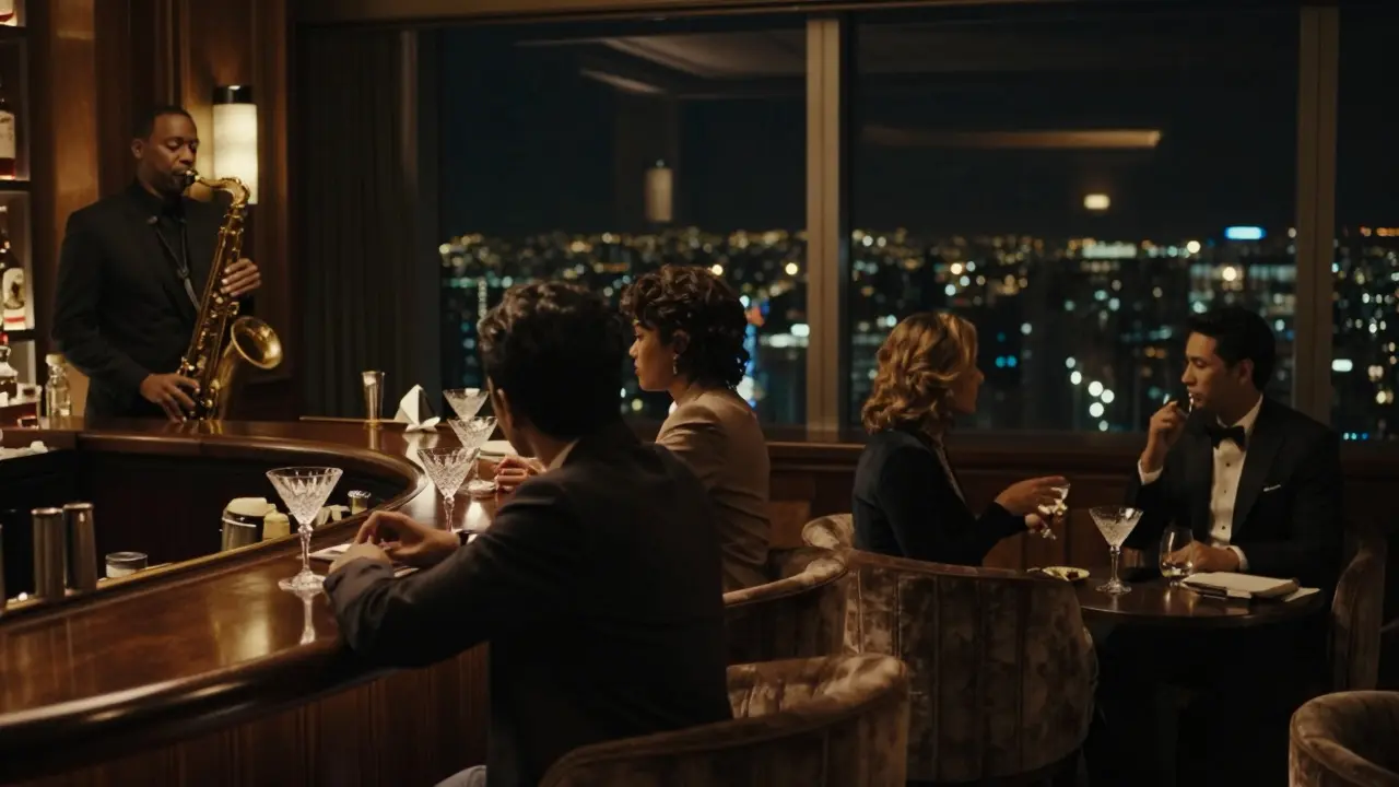 Quiet jazz lounge with patrons sipping martinis in a luxurious hotel setting.