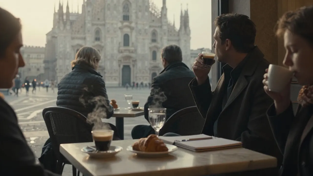 Quiet morning coffee at Caffè Cova as the city wakes, the Duomo visible through the window.