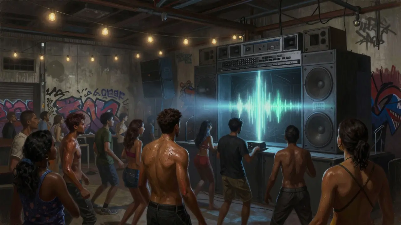 Raw, dimly lit warehouse club in Al Quoz with vibrant crowd moving to intense bass, no signs, just underground energy.