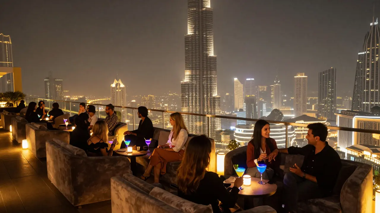 Rooftop lounge with Burj Khalifa glowing in the distance at night.