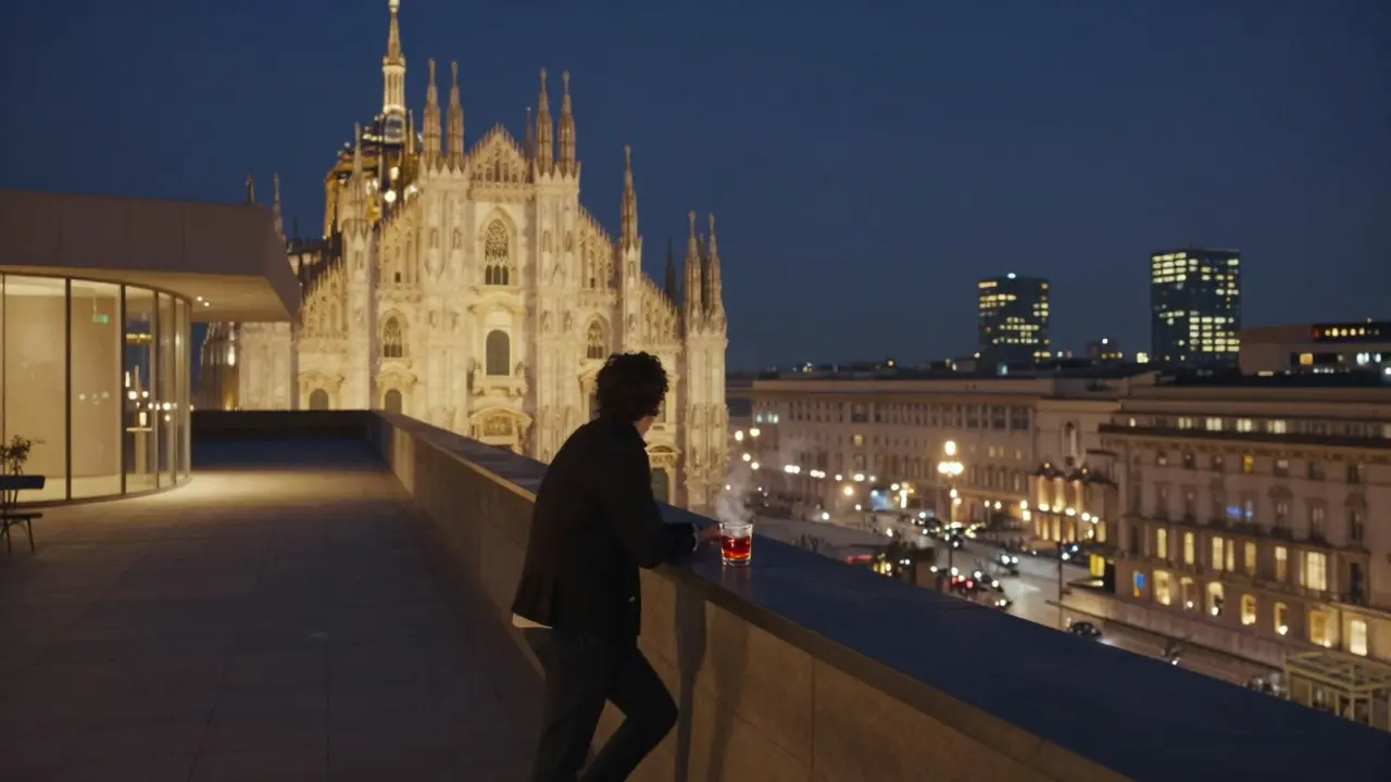 Rooftop terrace overlooking Milan’s Duomo and modern towers at night, a lone figure holding a drink.