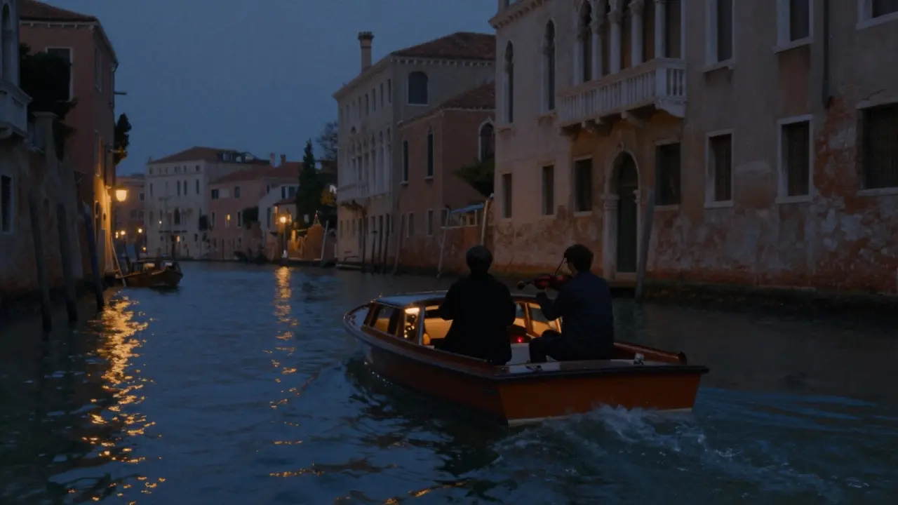 Silhouettes of two figures on a boat drifting along Milan’s Navigli canals under twinkling string lights at dusk.