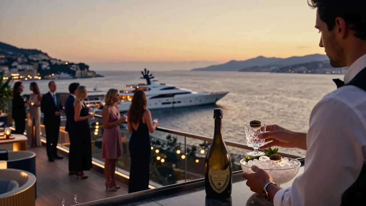 Sky Bar Monte Carlo rooftop at dusk with yachts below, guests sipping champagne against a Mediterranean sunset.
