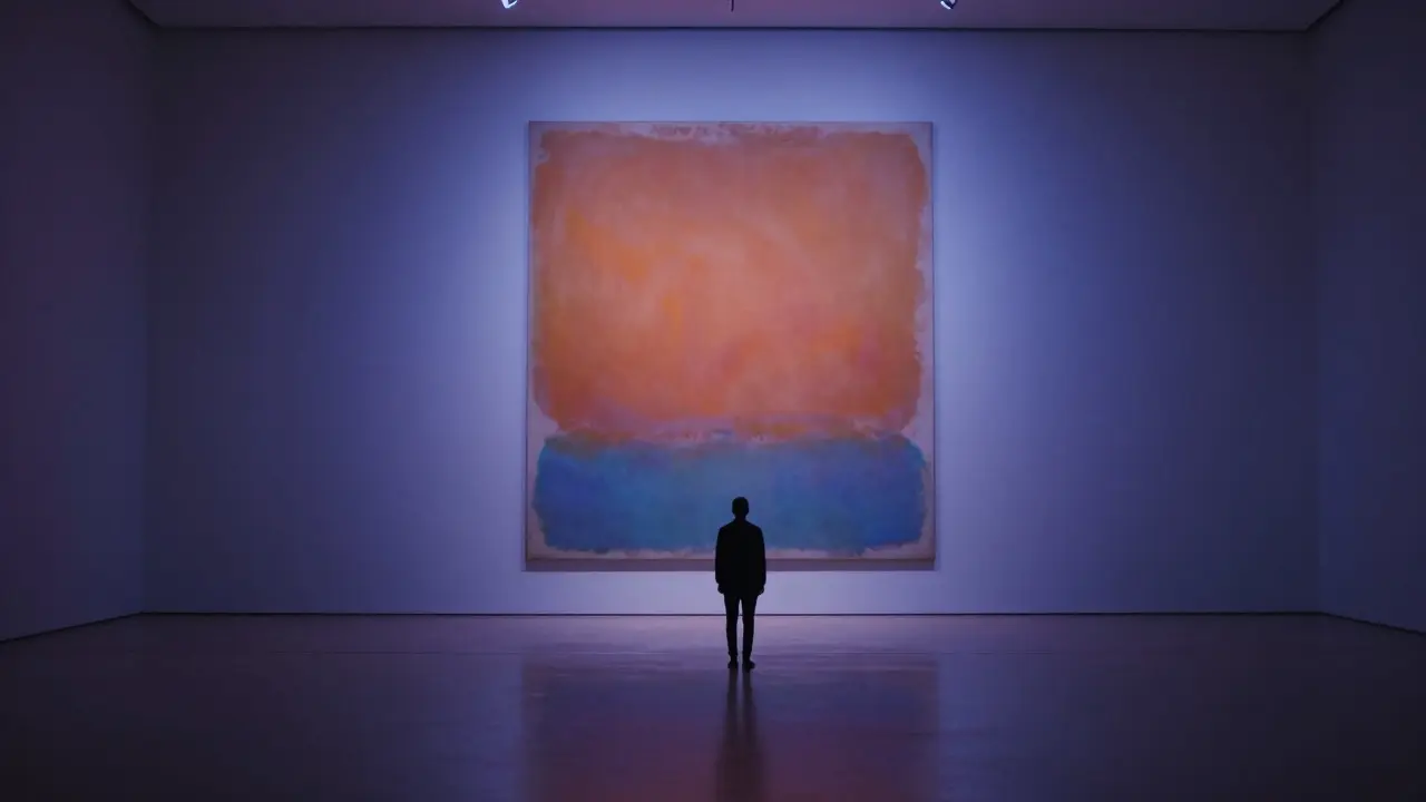 Solitary visitor standing before a Rothko painting in the quiet, dimly lit Turbine Hall at Tate Modern.