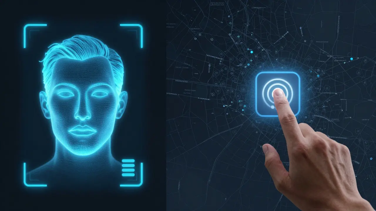 Split-screen of biometric verification and emergency alert system glowing with digital safety indicators.