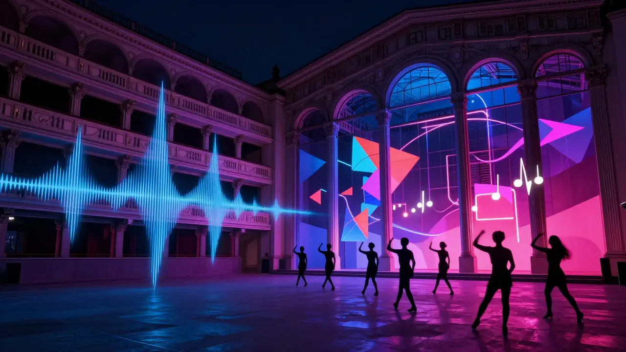 Surreal depiction of Milan's underground clubs glowing with sound and neon art.