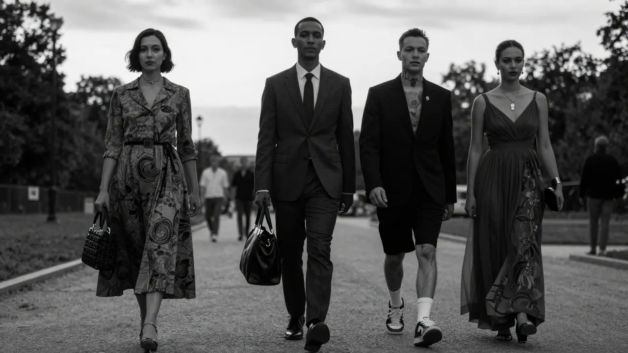 Three diverse figures walk through Tiergarten at sunset, representing Berlin’s unspoken fashion elite in silhouette.