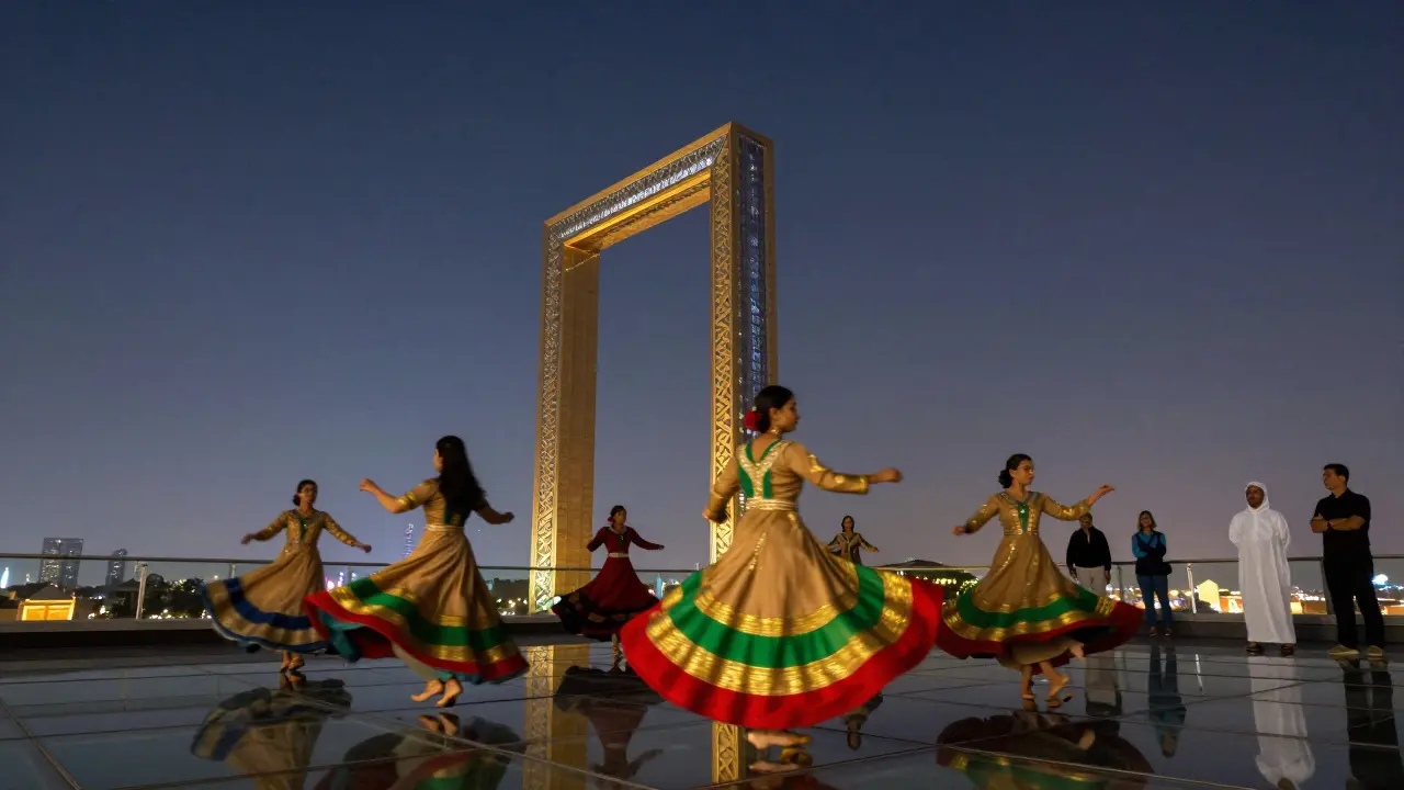 Traditional dancers spin in colorful skirts under the stars at the Dubai Frame with city lights behind them.