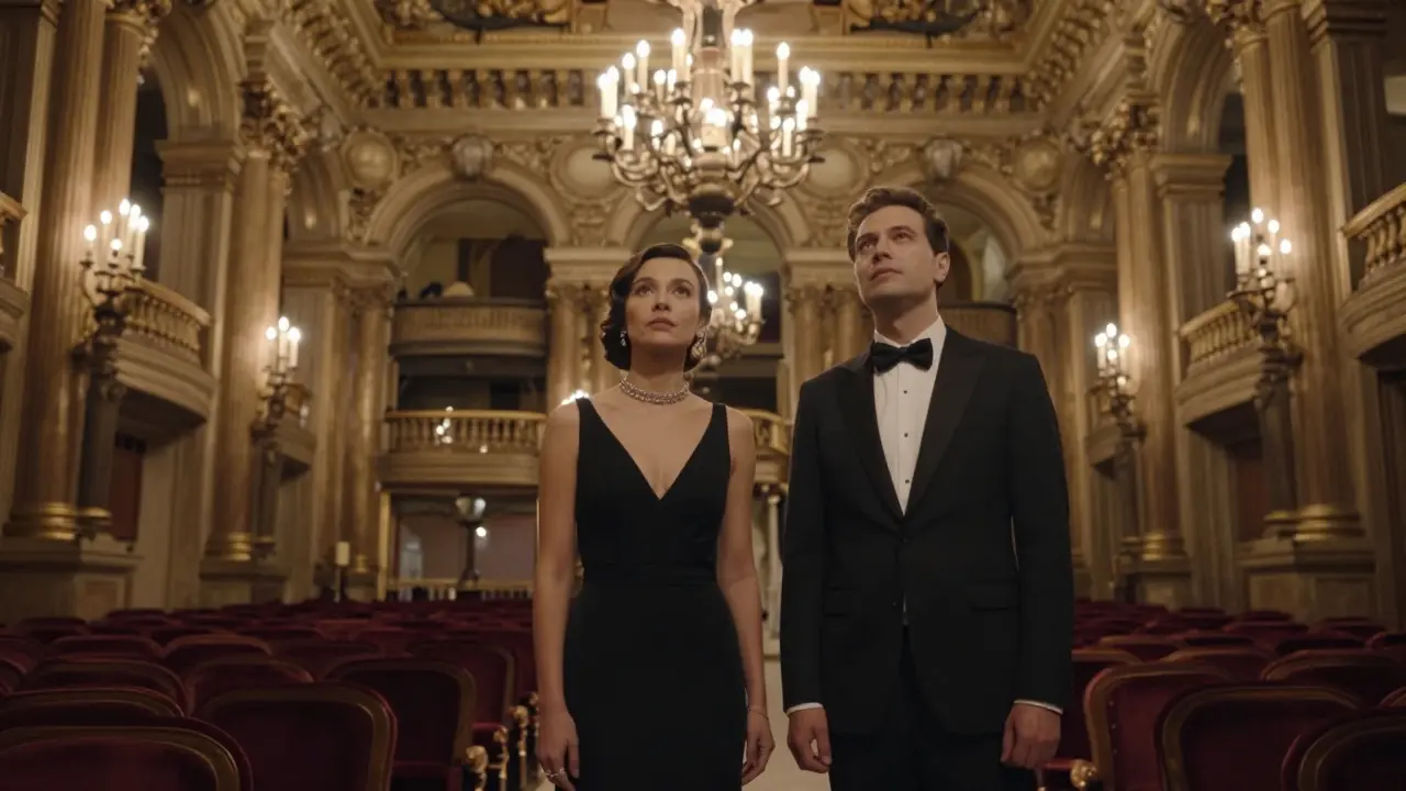 Two elegant figures admiring the chandelier in Opéra Garnier, surrounded by gilded architecture.