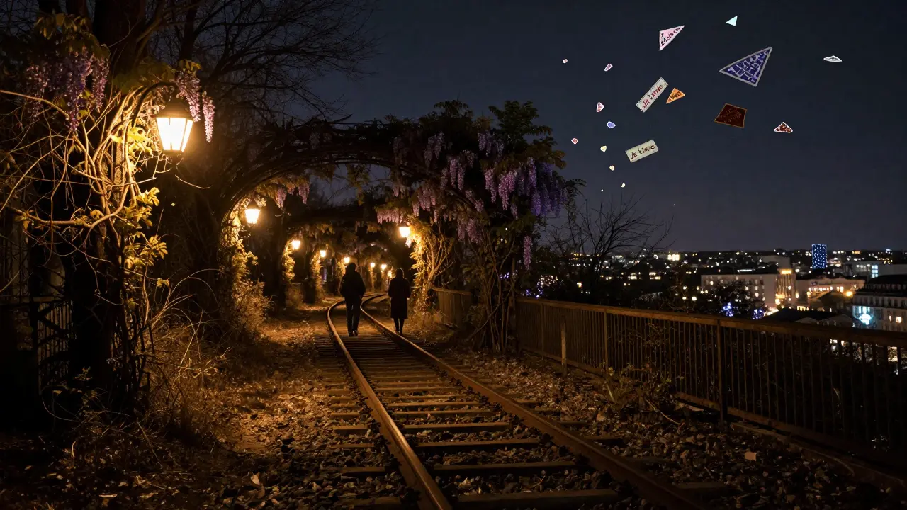 Two figures stroll a lantern-lit abandoned railway at night, surrounded by vines and floating love messages in the air.