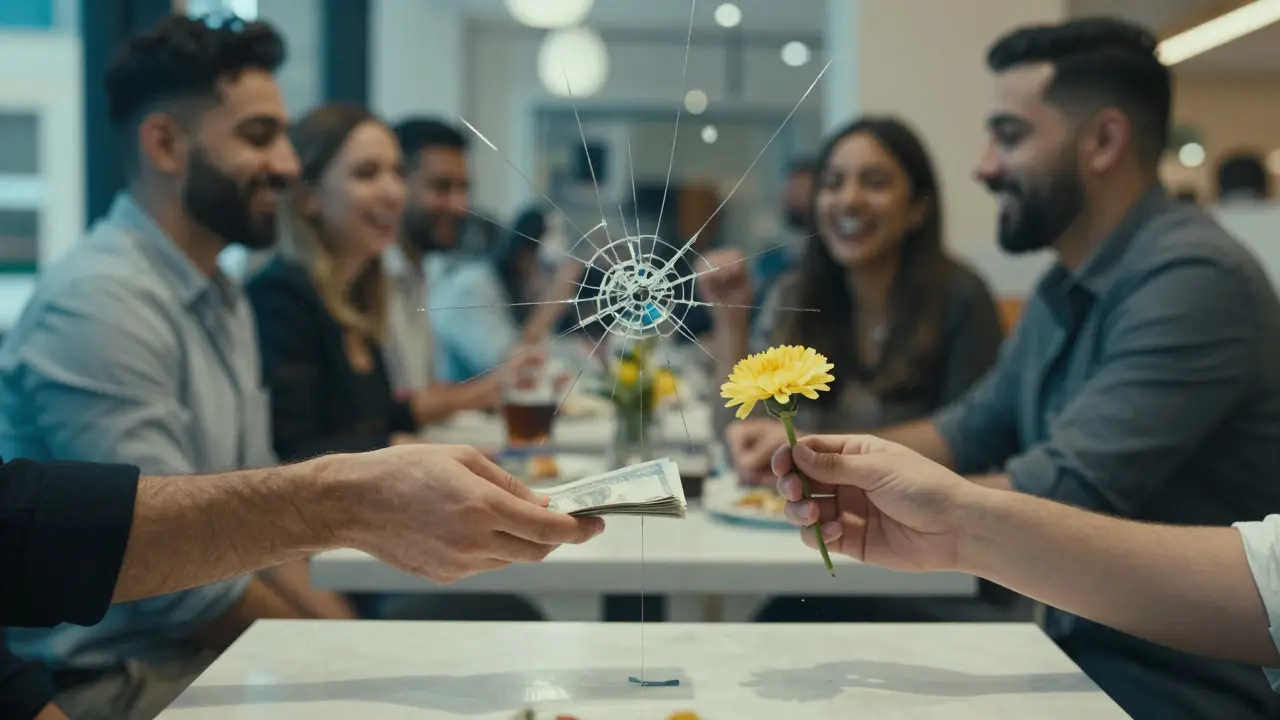 Two hands reaching across a café table—one offering cash, the other a flower—separated by cracked glass in a busy Dubai setting.