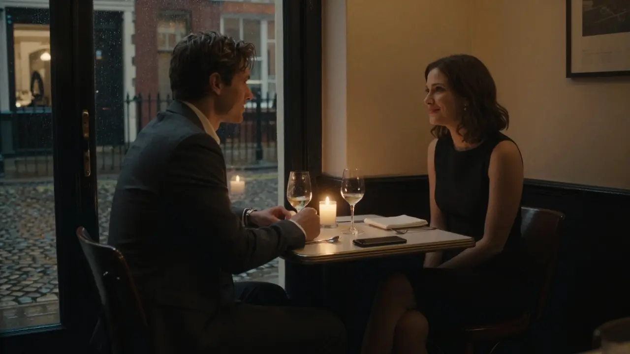 Two people enjoying a discreet dinner in a quiet London restaurant at night.