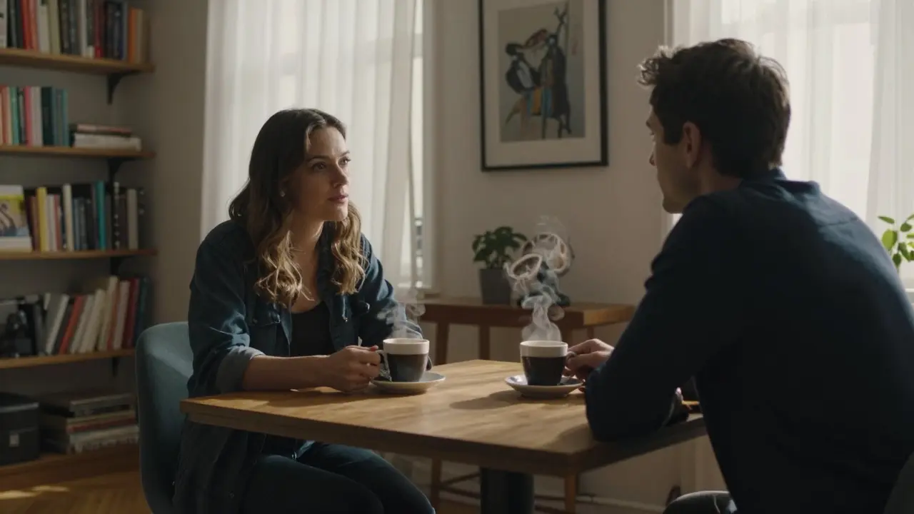 Two people having a calm conversation over coffee in a cozy Berlin apartment, no physical intimacy.