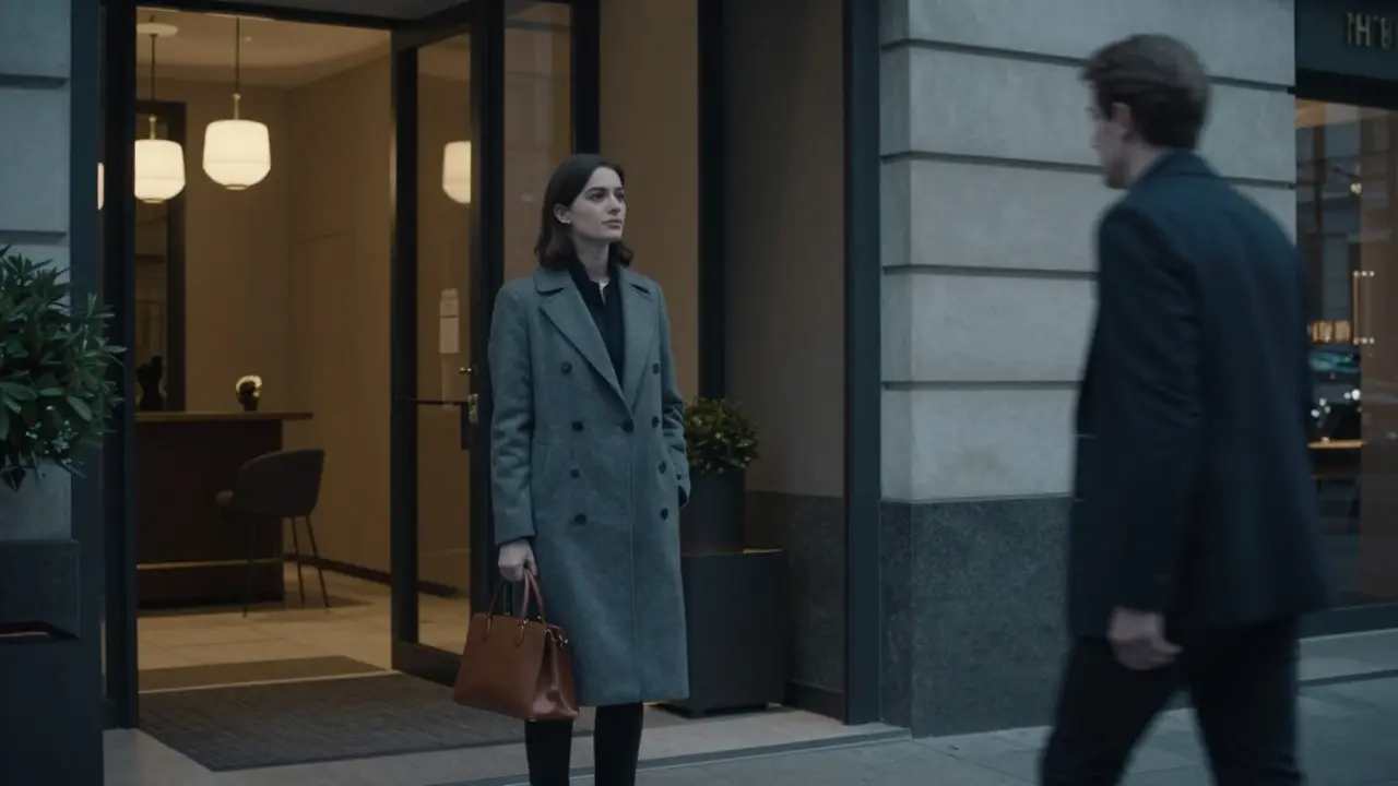 Two people meeting with calm recognition in a stylish Milan hotel lobby at dusk.