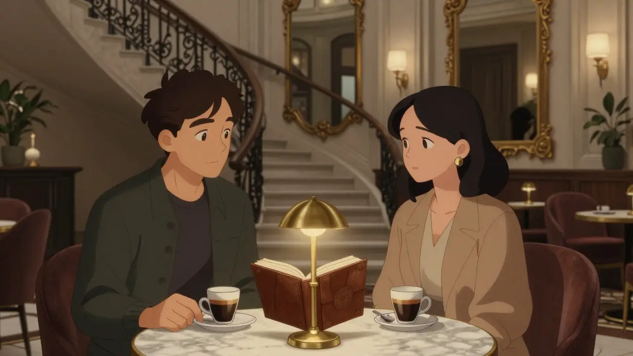 Two people sit respectfully in a luxurious hotel lobby, sharing coffee in quiet conversation.