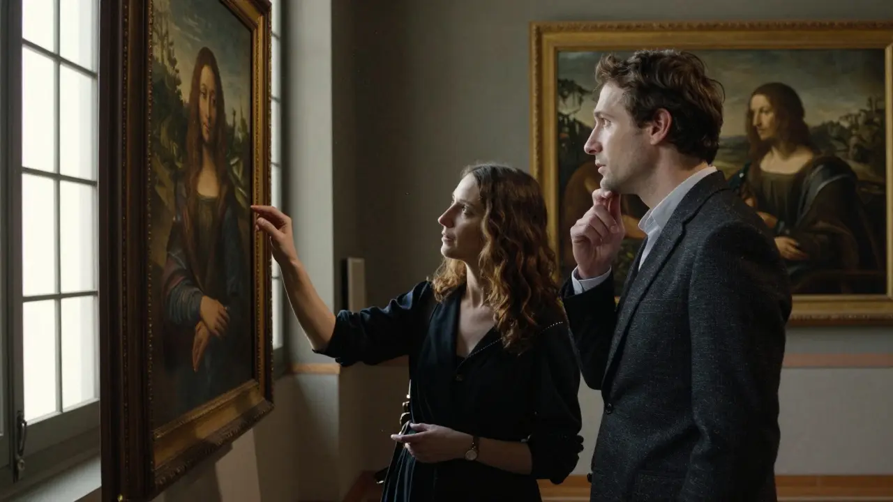 Two people stand together in the Brera art gallery, quietly contemplating a Renaissance painting.