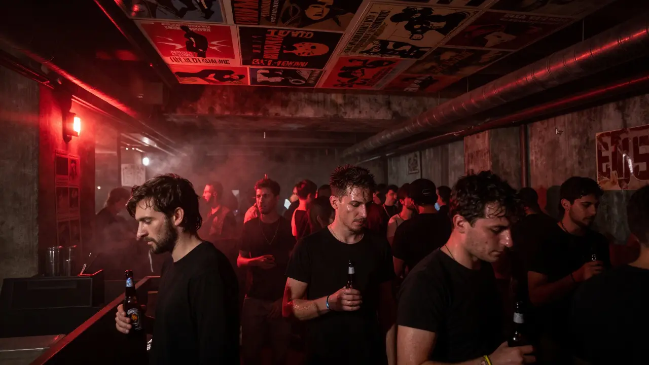 Underground club in a converted slaughterhouse with red lighting, crowds dancing under vintage movie posters.