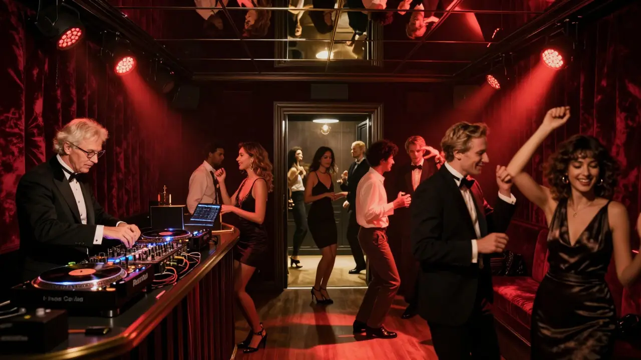 Underground club with velvet walls and mirrored ceiling, people dancing to vintage vinyl under warm red lights.