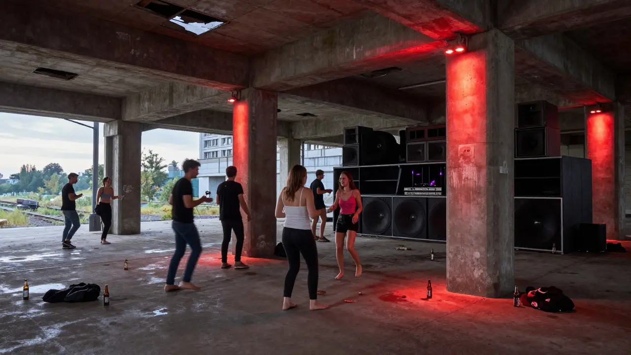 Underground techno party in a former train station with industrial lighting and energetic dancers.