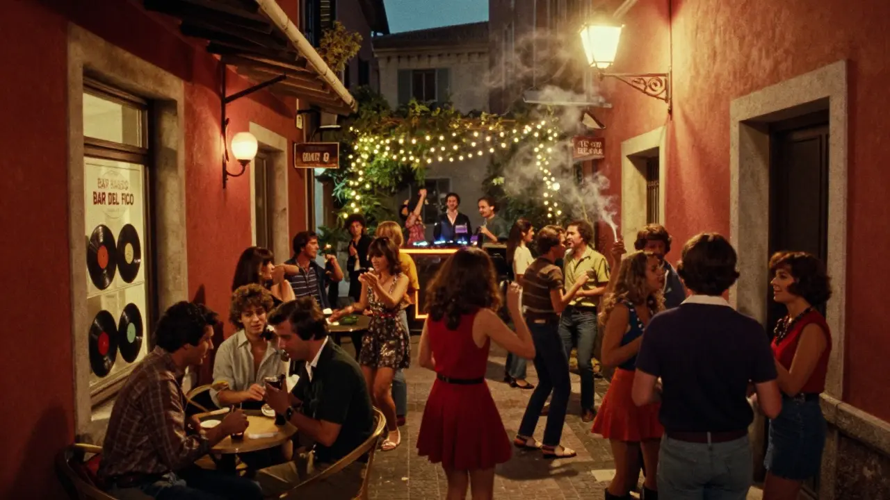 Vibrant alley in Porta Venezia with crowds dancing outside bars under string lights.