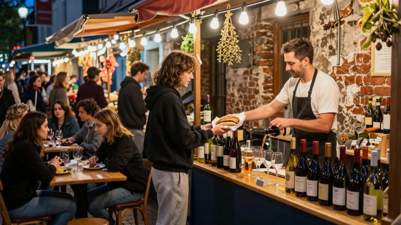 Vibrant night market with diverse food stalls and people sharing meals at wooden tables.