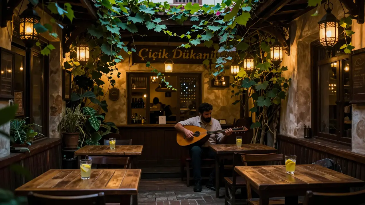 Vine-covered courtyard with oud player and lanterns, rosewater lemonade on wooden table.