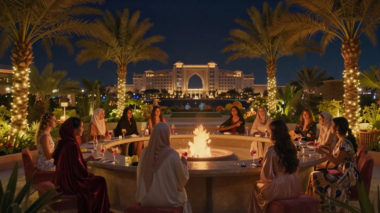 Women relaxing in a hidden garden bar with fire pits and oud music under string lights.