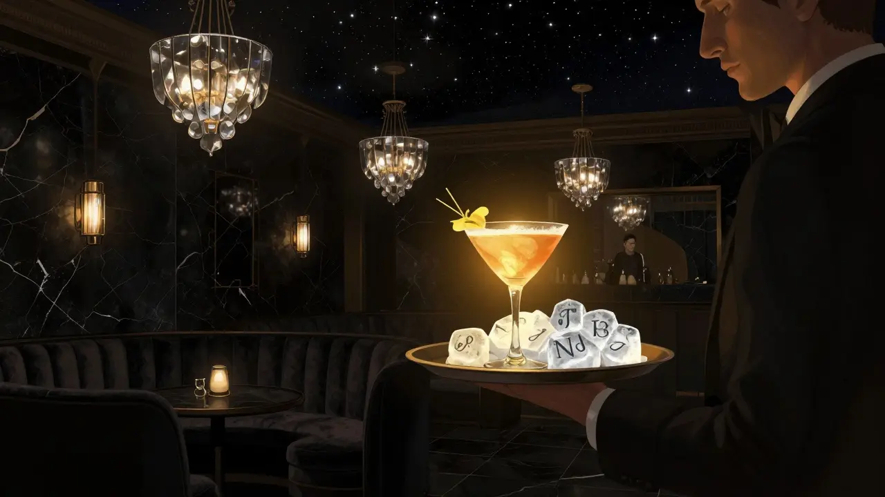 A bartender presents a custom cocktail on carved ice in the dim, elegant Opium lounge with starry ceiling and marble walls.