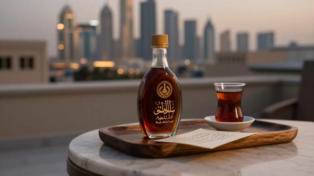 A bottle of date syrup and a handwritten note in Arabic rest on a marble table beside tea, symbolizing thoughtful gesture.